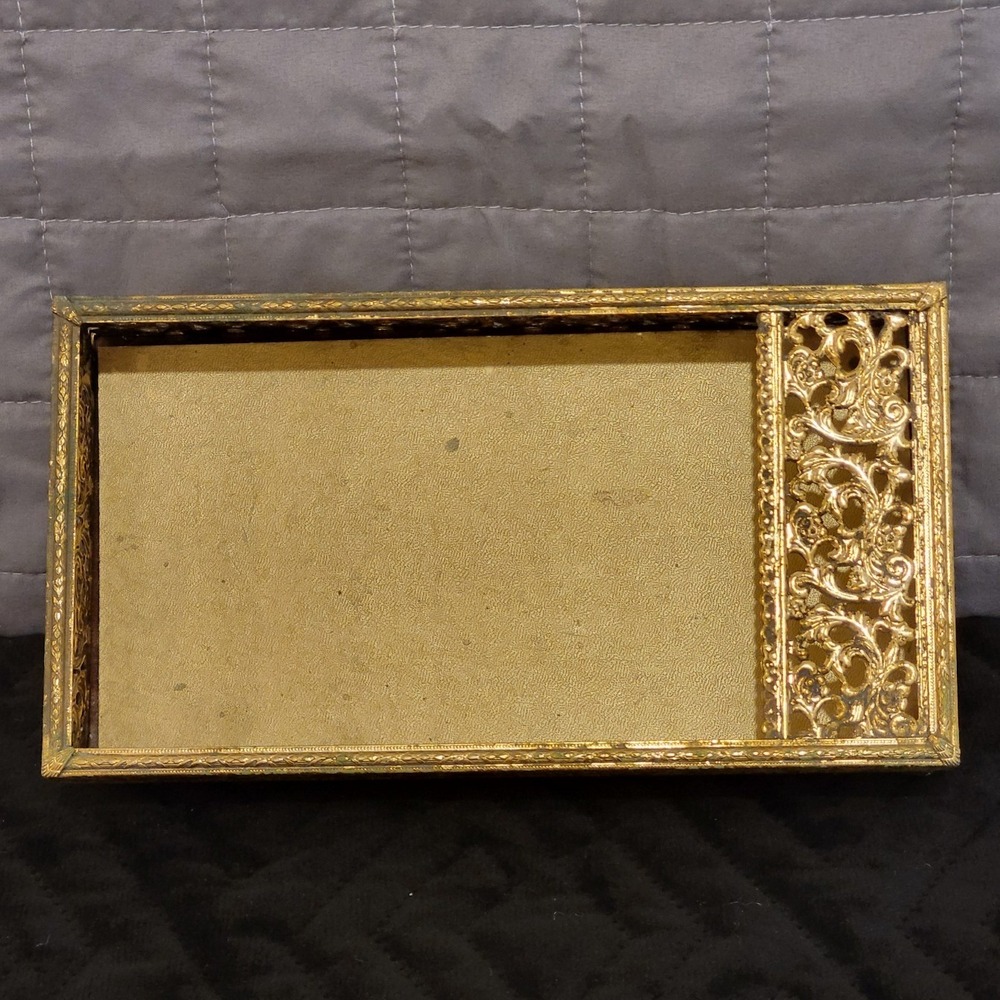 Vintage Brass Filigree Metal Trinket Box Hollywood Regency Ornate Vanity Decor
